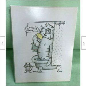 Cute Cat Art Wood Plaque Vtg 90s Bathroom Picture 8 x 10"